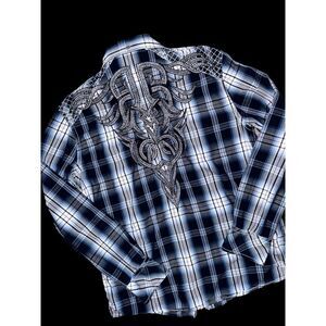 ROAR Shirt Men's LG Signature‎ Edition Blue Tribal Dagger Embroidered Button Up